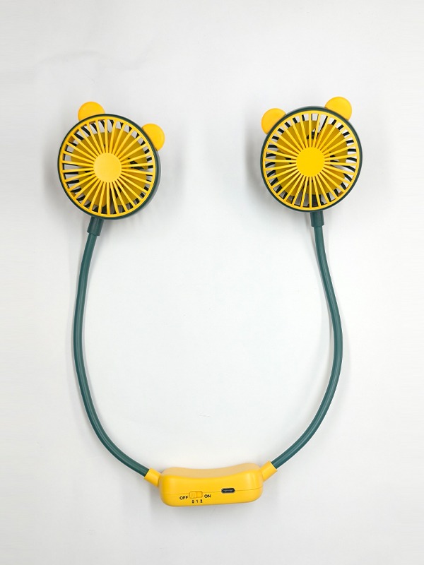 Yellow and green portable neck fan with flexible dual heads on a white background