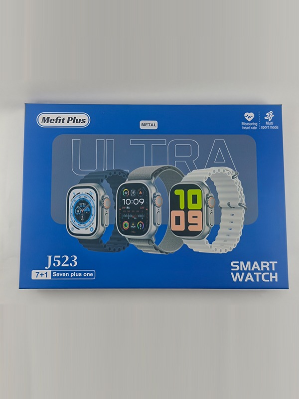 Mefit Plus J523 Ultra watch face and colorful silicone, steel, and textile straps.
